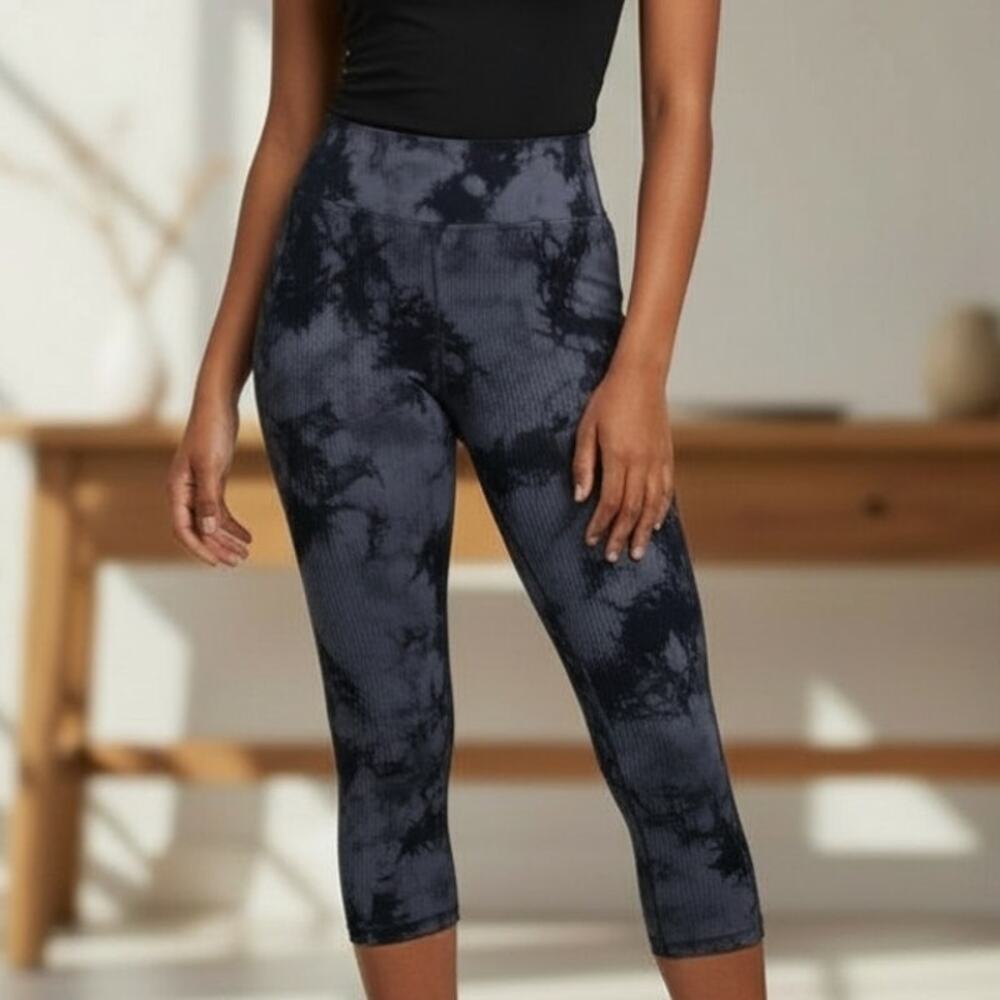 NUX Black Active Leggings Tie Dye Cropped Ribbed Compression Women's Size S NWOT